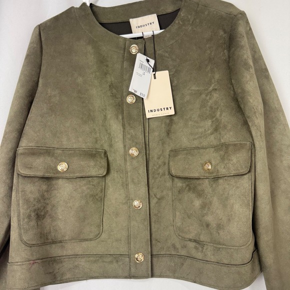 INDUSTRY Faux Leather Olive Green Button Front Cropped Jacket Women's Size L - Picture 2 of 6